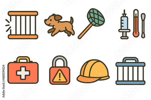 Animal Rescue Icons. Flat vector mini-illustrations cage emergency and rescue in colors children's illustrations: broken cage door