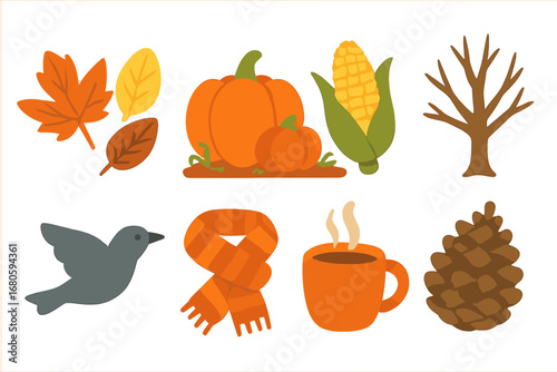 Autumn Children's Icons. Flat vector mini-illustrations autumn nature in colors children's illustrations: colorful leaves, pumpkin