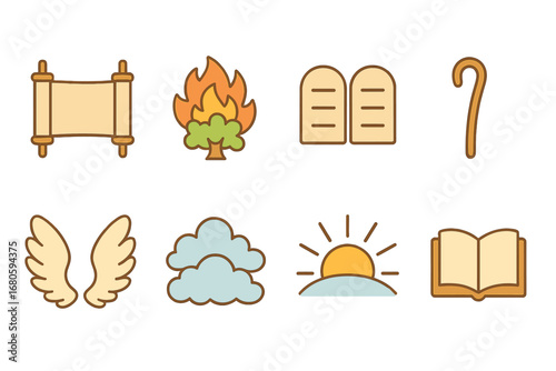 Biblical Story Icons. Flat vector mini-illustrations biblical story elements in colors children's illustrations: ancient scroll,