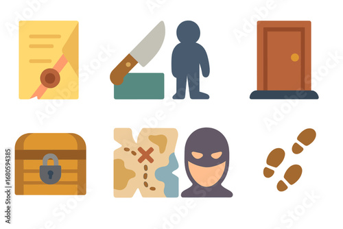 Betrayal in Stories Icons. Flat vector mini-illustrations betrayal in stories in colors children's illustrations: secret note,