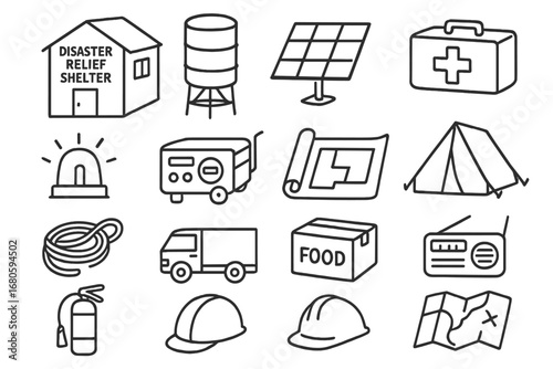 Disaster Relief Essentials. Hand-drawn doodle illustration Disaster relief shelter design modular house, water tank, solar panel,