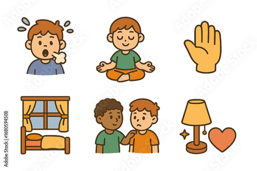 Calming Techniques for Kids. Flat vector mini-illustrations panic and calming techniques in colors children's illustrations: deep