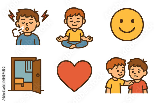 Calming Techniques for Kids. Flat vector mini-illustrations panic and calming techniques in colors children's illustrations: deep