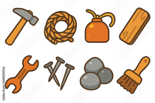 Catapult Maintenance Icons. Flat vector mini-illustrations catapult maintenance in colors children's illustrations: hammer, rope