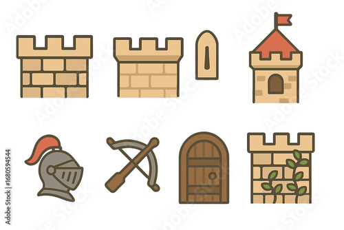 Castle Elements Grid. Flat vector mini-illustrations castle battlements in colors children's illustrations: stone walls, parapets,