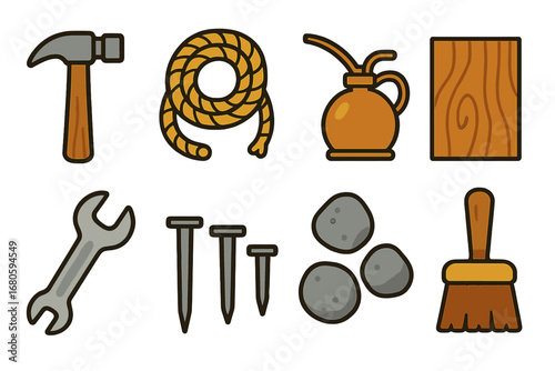 Catapult Maintenance Icons. Flat vector mini-illustrations catapult maintenance in colors children's illustrations: hammer, rope