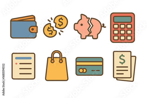 Divorce Financial Icons. Flat vector mini-illustrations divorce financial changes in colors children's illustrations: empty wallet