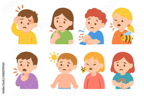 Causes of Pain Icons. Flat vector mini-illustrations causes of pain in colors children's illustrations: bump on head, cut finger,