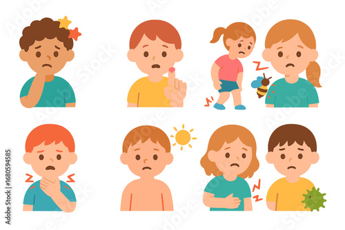 Causes of Pain Icons. Flat vector mini-illustrations causes of pain in colors children's illustrations: bump on head, cut finger,