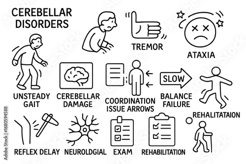 Cerebellar Disorders Icons. Hand-drawn doodle illustration cerebellar disorders unsteady gait icon, tremor symbol, ataxia sign,