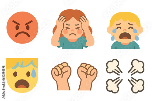 Chaotic Emotion Illustrations. Flat vector mini-illustrations chaotic emotions in colors children's illustrations: angry face,