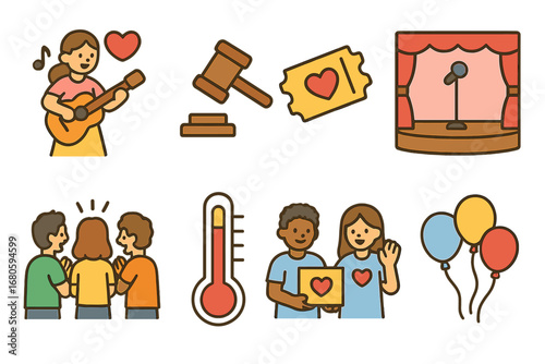 Charity Event Icons. Flat vector mini-illustrations charity events in colors children's illustrations: charity concert, auction