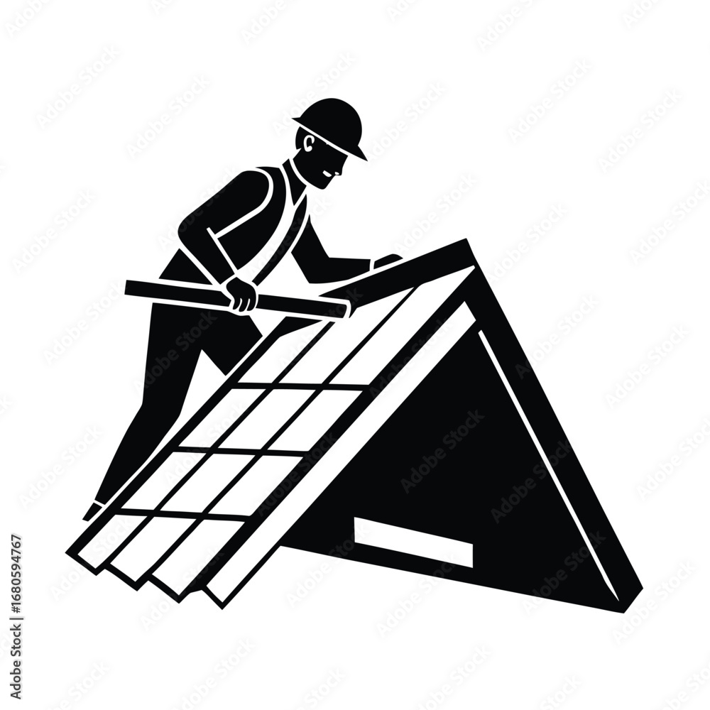 Obraz premium Worker Fixing Roof Tiles Roofing Vector Art