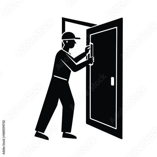Worker Fixing Door Carpentry Illustration