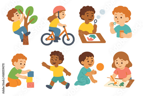 Children's Activity Icons. Flat vector mini-illustrations attempt in colors children's illustrations: boy climbing tree, girl