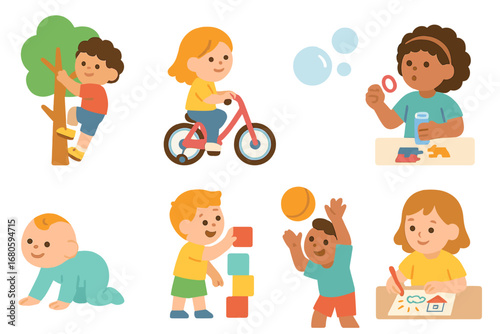 Children's Activity Icons. Flat vector mini-illustrations attempt in colors children's illustrations: boy climbing tree, girl