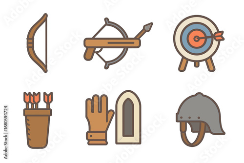 Children's Archery Icons. Flat vector mini-illustrations archery weapons in colors children's illustrations: longbow, crossbow,