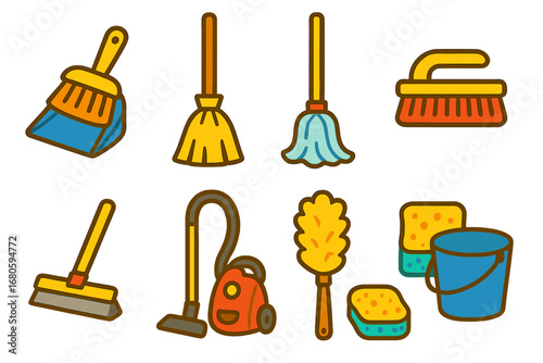 Children's Cleaning Tools. Flat vector mini-illustrations cleaning tools in colors children's illustrations: brush and dustpan,