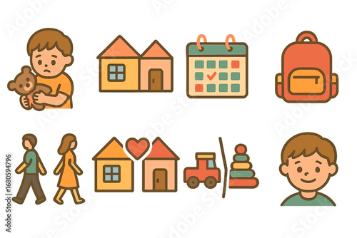 Children's Custody Journey. Flat vector mini-illustrations divorce custody and children in colors children's illustrations: child