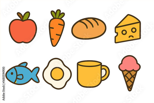 Children's Food Icons. Flat vector mini-illustrations food symbols in colors children's illustrations: apple, carrot, bread,