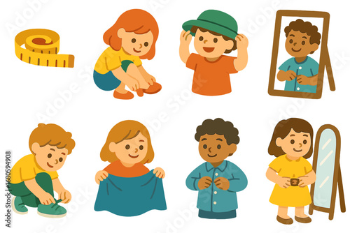 Children's Fitting Room Icons. Flat vector mini-illustrations fitting actions in colors children's illustrations: measuring tape,
