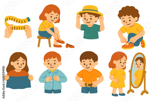 Children's Fitting Room Icons. Flat vector mini-illustrations fitting actions in colors children's illustrations: measuring tape,
