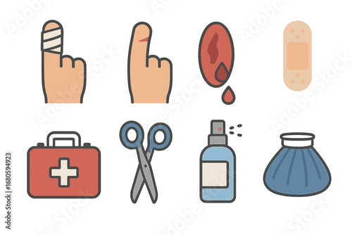 Children's First Aid Icons. Flat vector mini-illustrations injury cuts in colors children's illustrations: bandaged finger, paper