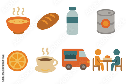 Children's Food Icon Grid. Flat vector mini-illustrations homelessness food and drink in colors children's illustrations: soup