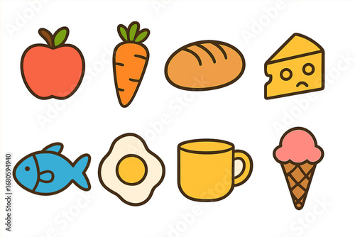 Children's Food Icons. Flat vector mini-illustrations food symbols in colors children's illustrations: apple, carrot, bread,