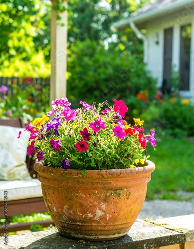 Wallpaper Mural Vibrant colorful flowers in a terracotta pot on a stone ledge, bathed in sunlight, with a blurred garden and house in the background. Torontodigital.ca