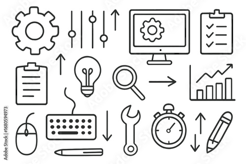Doodle Audio Icon Set. Hand-drawn doodle illustration preset gear, sliders, computer screen, settings icon, keyboard, mouse,