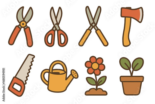Children's Gardening Icons. Flat vector mini-illustrations cutting plants in colors children's illustrations: pruning shears,