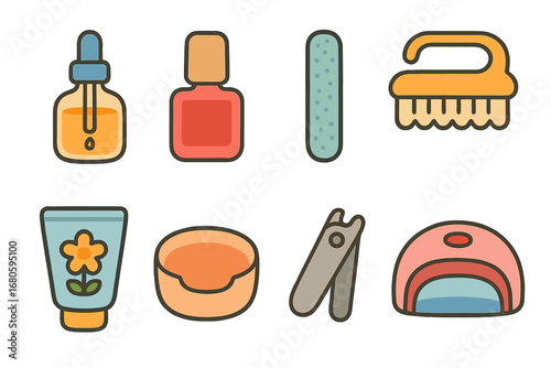 Children's Nail Care Icons. Flat vector mini-illustrations nail care in colors children's illustrations: cuticle oil, nail polish,