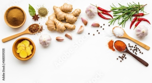 Wallpaper Mural Various spices and herbs including ginger, garlic, chili, rosemary, salt, and pepper, arranged on a white background Torontodigital.ca