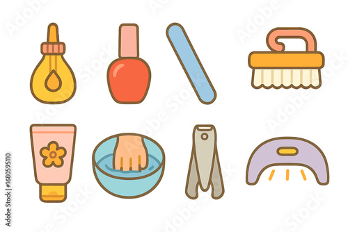 Children's Nail Care Icons. Flat vector mini-illustrations nail care in colors children's illustrations: cuticle oil, nail polish,
