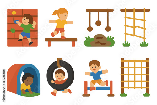 Children's Obstacle Icons. Flat vector mini-illustrations obstacle challenges in colors children's illustrations: wall climb,