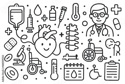 Doodle Medical Icons. Hand-drawn doodle illustration circulatory system blood donation blood bag, syringe, blood drop, heart,