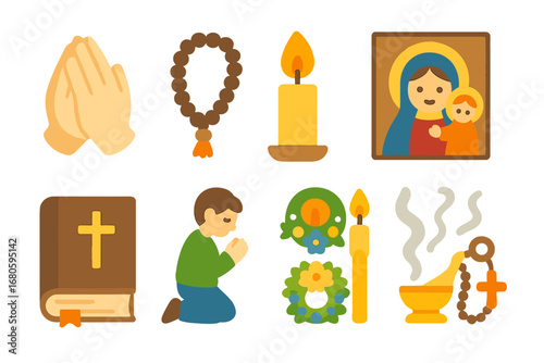 Children's Religious Icons. Flat vector mini-illustrations Orthodox prayer in colors children's illustrations: folded hands,