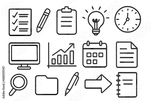 Doodle Office Essentials. Hand-drawn doodle illustration example template document, checklist, pencil, clipboard, light bulb,