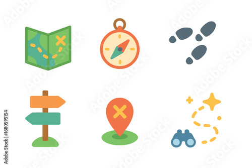 Children's Quest Map Icons. Flat vector mini-illustrations quest maps and navigation in colors children's illustrations: folded