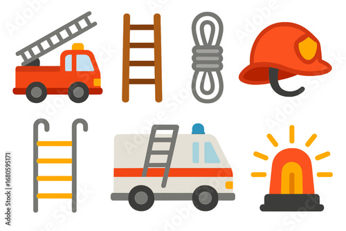 Children's Rescue Icons. Flat vector mini-illustrations ladder emergency and rescue in colors children's illustrations: fire truck