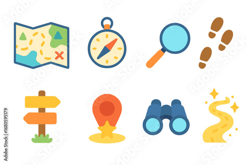 Children's Quest Map Icons. Flat vector mini-illustrations quest maps and navigation in colors children's illustrations: folded
