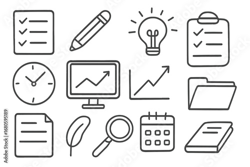 Doodle Office Essentials. Hand-drawn doodle illustration example template document, checklist, pencil, clipboard, light bulb,