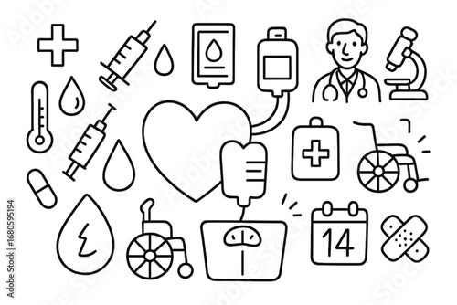 Doodle Medical Icons. Hand-drawn doodle illustration circulatory system blood donation blood bag, syringe, blood drop, heart,