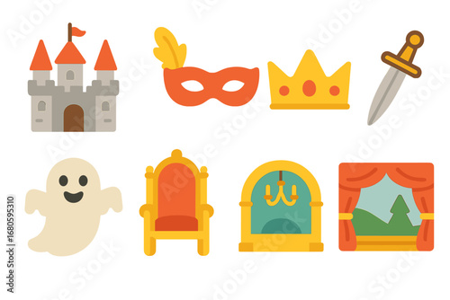 Dramatic Play Icons. Flat vector mini-illustrations famous dramatic plays in colors children's illustrations: castle, masquerade