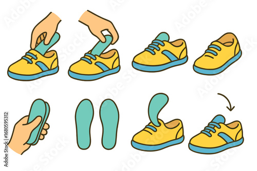 Children's Shoe Illustrations. Flat vector mini-illustrations insole insertion and removal in colors children's illustrations: