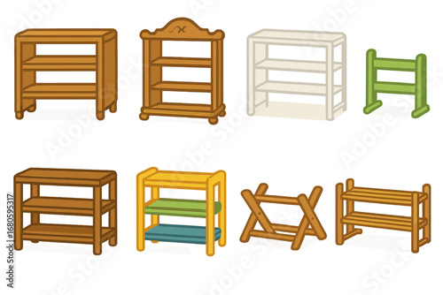 Children's Shoe Rack Icons. Flat vector mini-illustrations shoe rack styles in colors children's illustrations: modern shoe rack,
