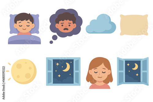 Dreamy Children's Icons. Flat vector mini-illustrations nightmare and dreams in colors children's illustrations: sleeping child,
