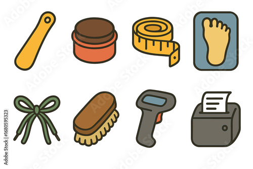 Children's Shoe Store Icons. Flat vector mini-illustrations shoe store tools in colors children's illustrations: shoe horn, shoe