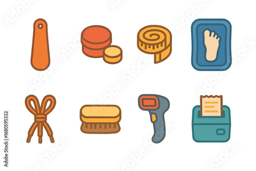 Children's Shoe Store Icons. Flat vector mini-illustrations shoe store tools in colors children's illustrations: shoe horn, shoe